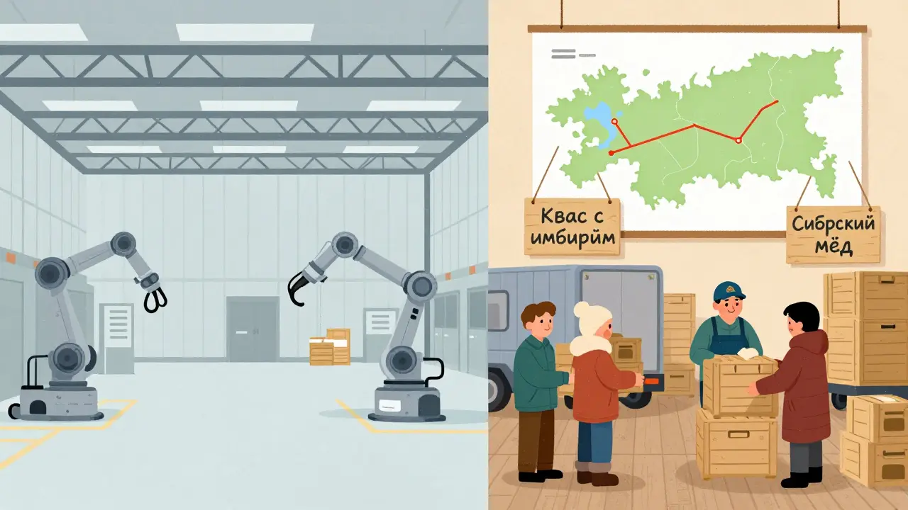 Сравнение крупного федерального склада с роботами и уютного регионального центра с местными продуктами и персоналом в Сибири.