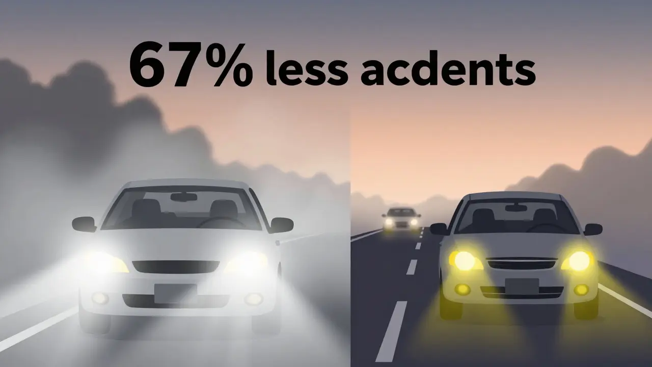 Сравнение: одна машина с дальним светом в ослепительном тумане, другая с противотуманными фарами и безопасной дистанцией.