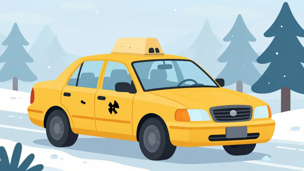 Такси зимой на снежной дороге со шипованными колесами