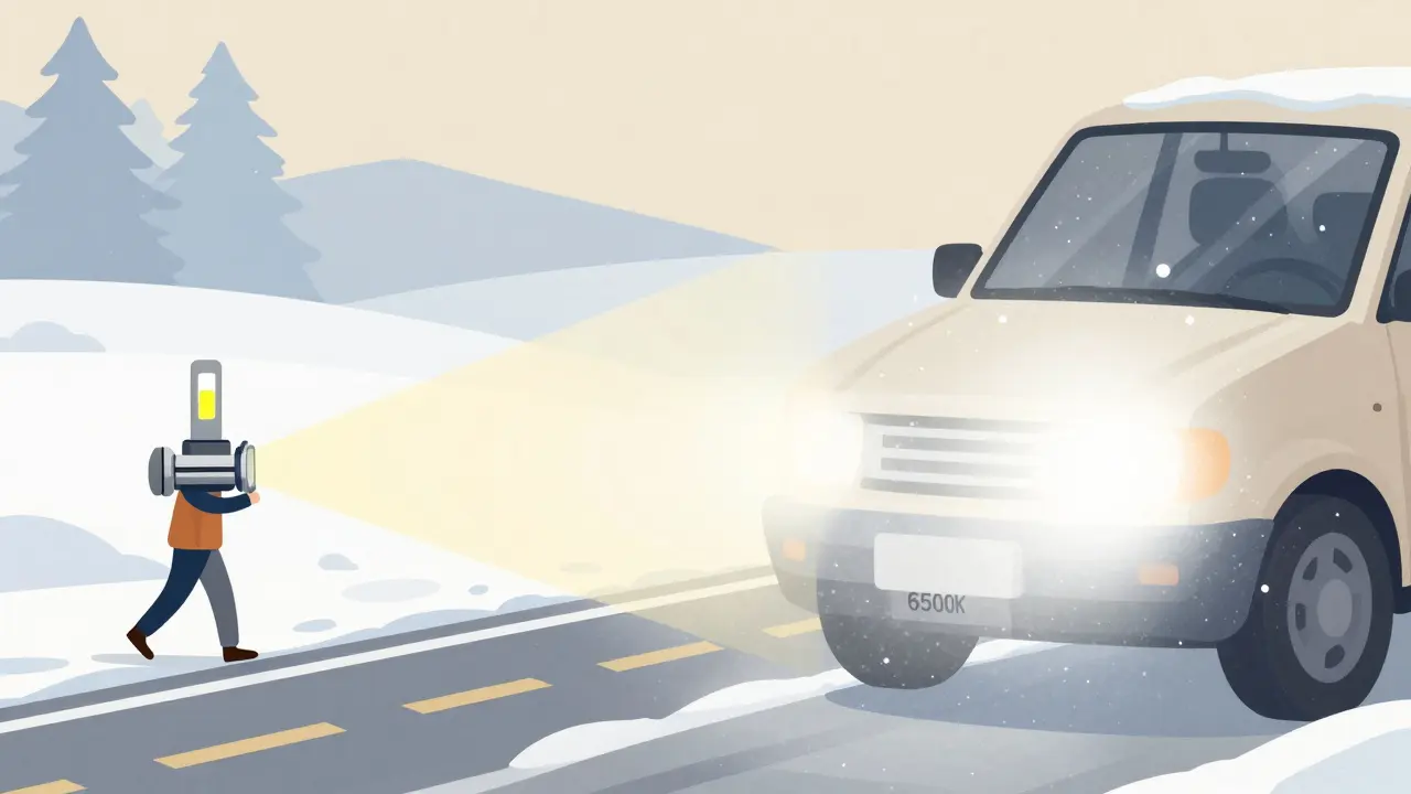 Тёплый свет фар позволяет увидеть пешехода в снегу, а холодный свет создаёт ослепляющий эффект.