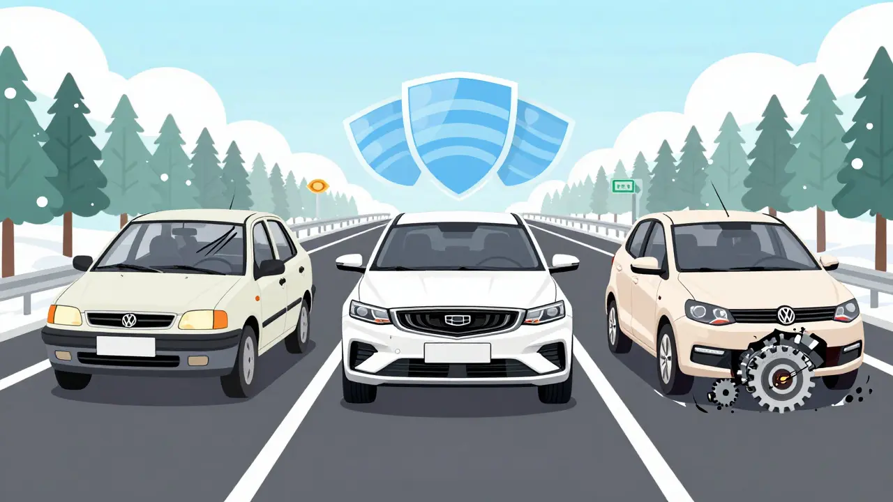 Три автомобиля на трассе: шумный Лада, тихий Geely и struggling VW Polo, с визуализацией звука и изоляции.