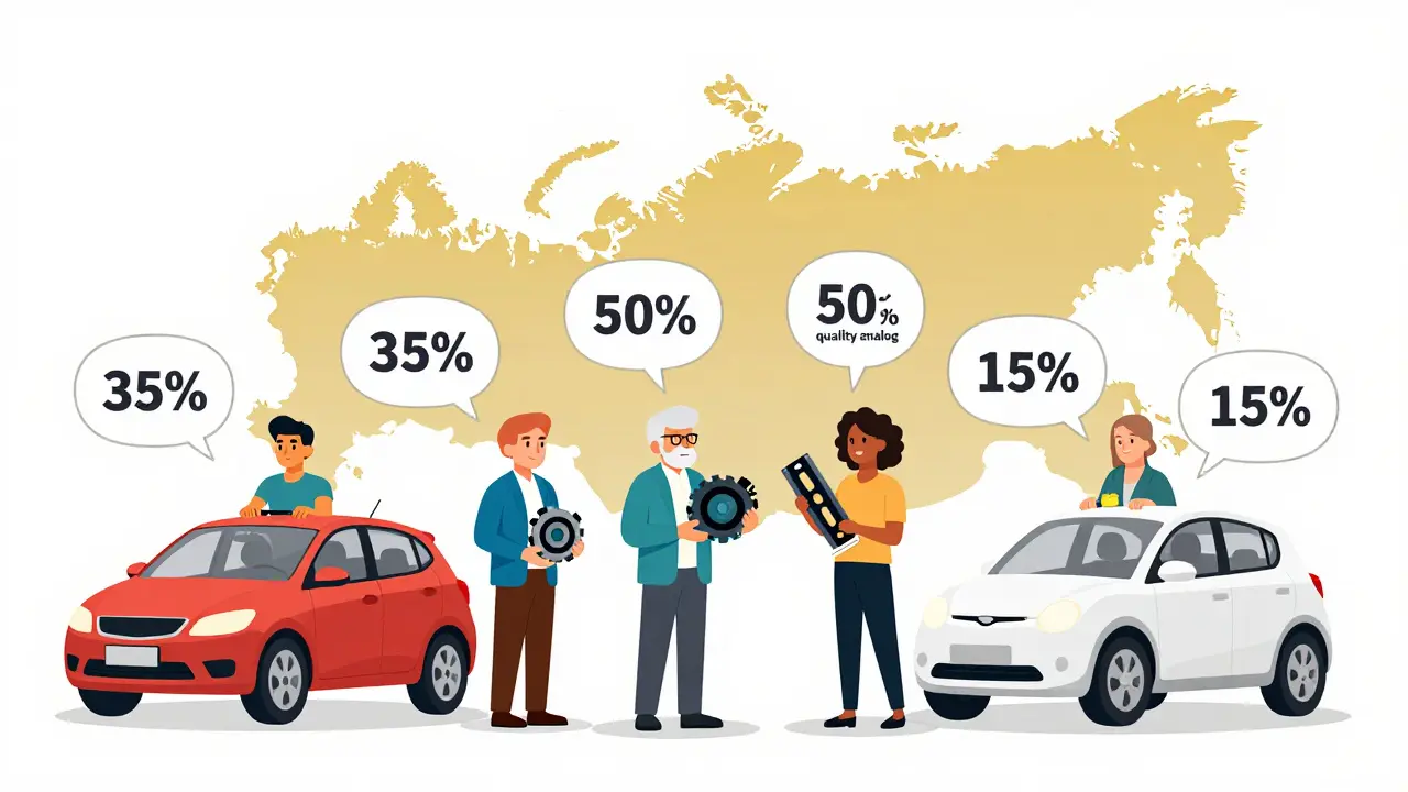 Три автовладельца с разными типами запчастей, фон — карта рынка с процентами OEM, аналогов и подделок.