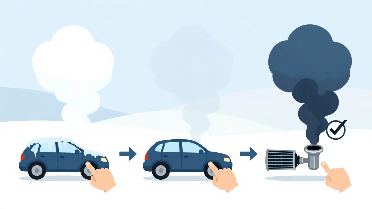 Три этапа работы двигателя: холодный запуск, прогрев и неисправности — с изображением разных типов дыма.