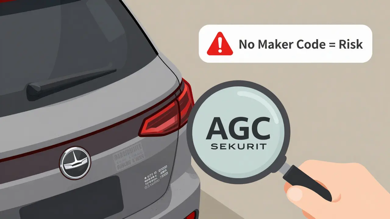 Увеличенный фрагмент края лобового стекла: с логотипом и без, с подсветкой кода производителя и предупреждением.