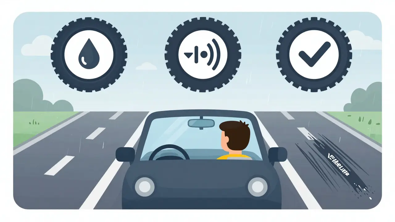 Водитель кроссовера смотрит в зеркало на три марки шин, символизирующие безопасность в дождь, тишину и баланс, на мокрой дороге.