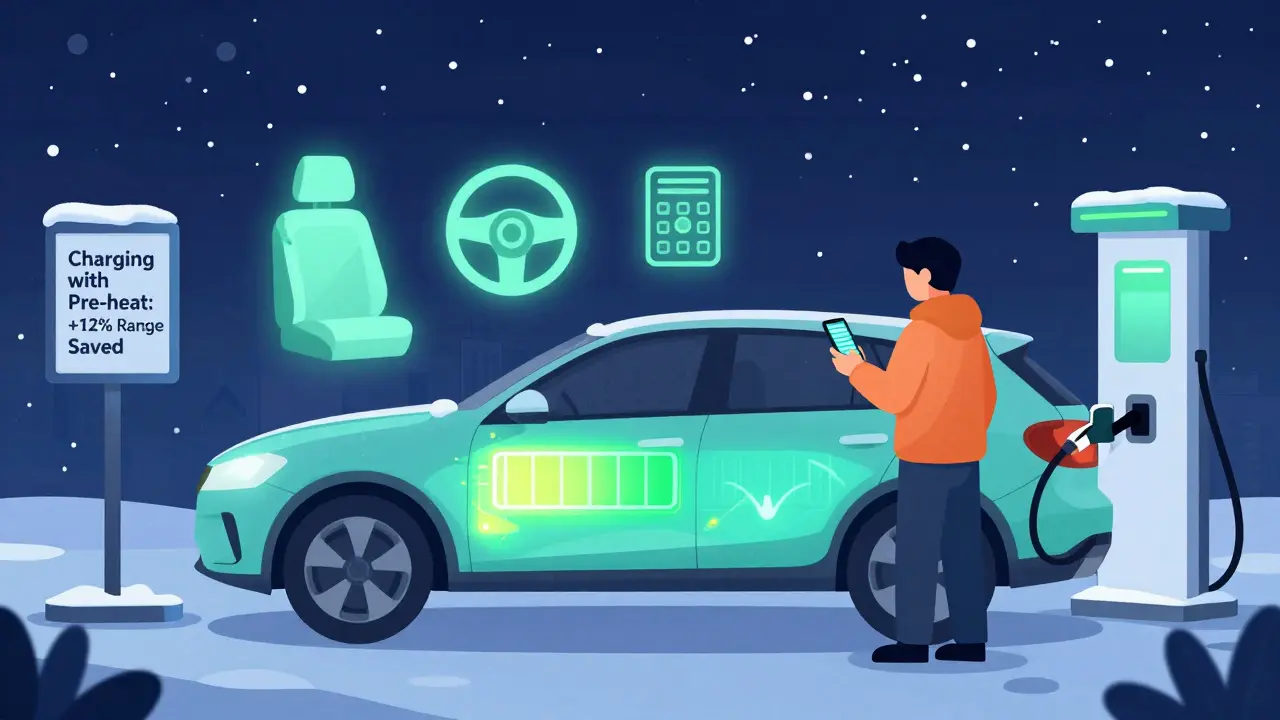 Водитель предварительно прогревает батарею через приложение при подключении к зарядке.