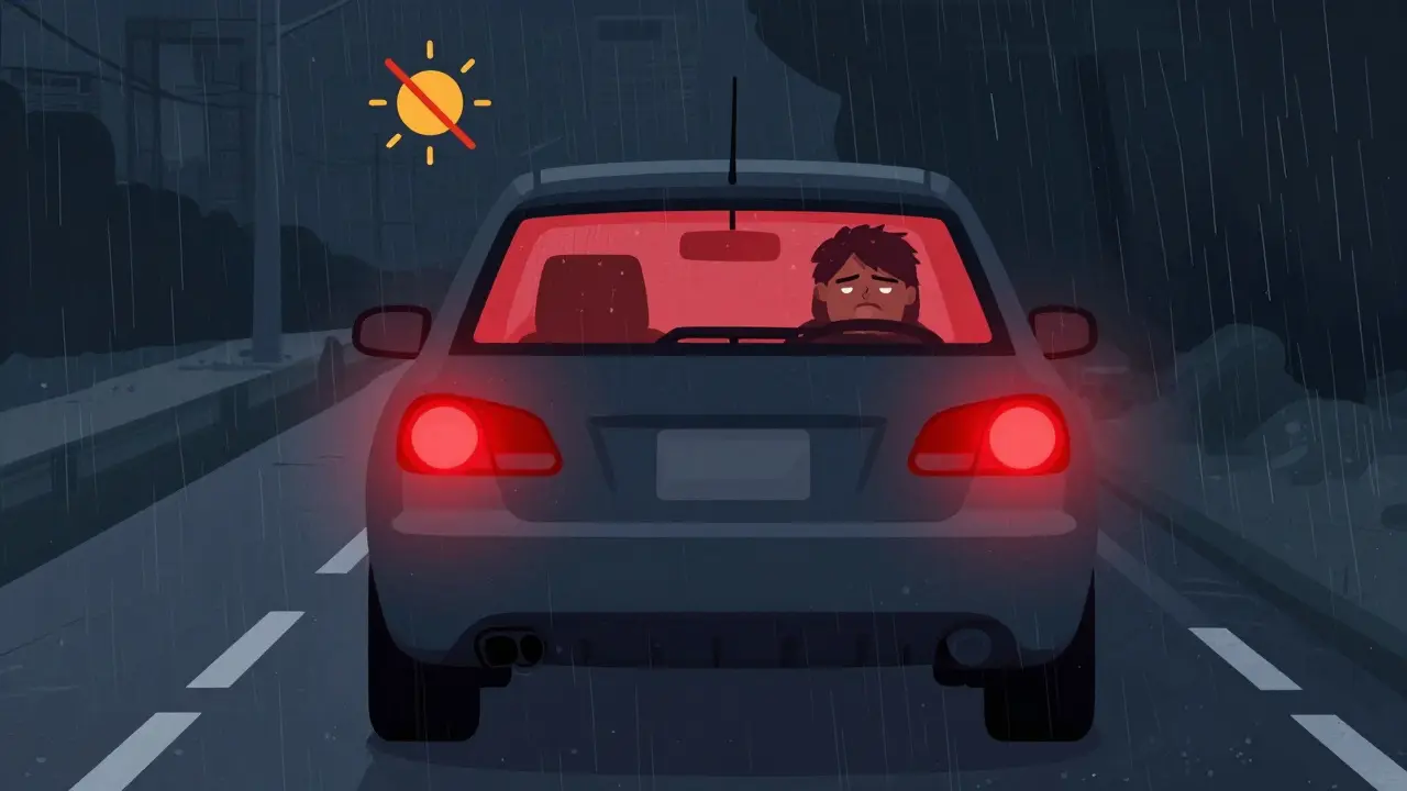 Задняя часть машины с включенными задними противотуманными фонарями в дождливую ночь, ослепляющая следующего водителя.