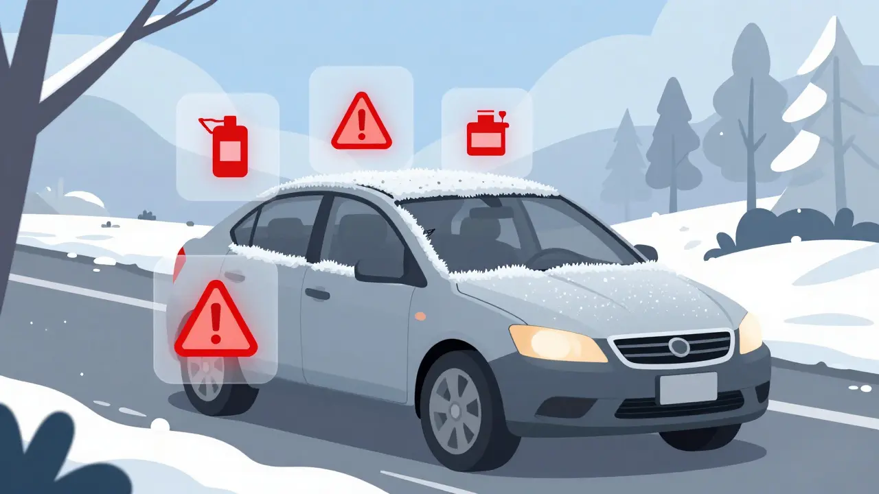 Замерзшая машина с подсвеченными уровнями жидкостей, предупреждающими о необходимости замены