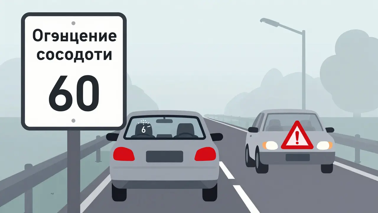 Знак ограничения скорости в тумане, машина стоит с безопасной дистанцией, другая машина приближается с предупреждением.