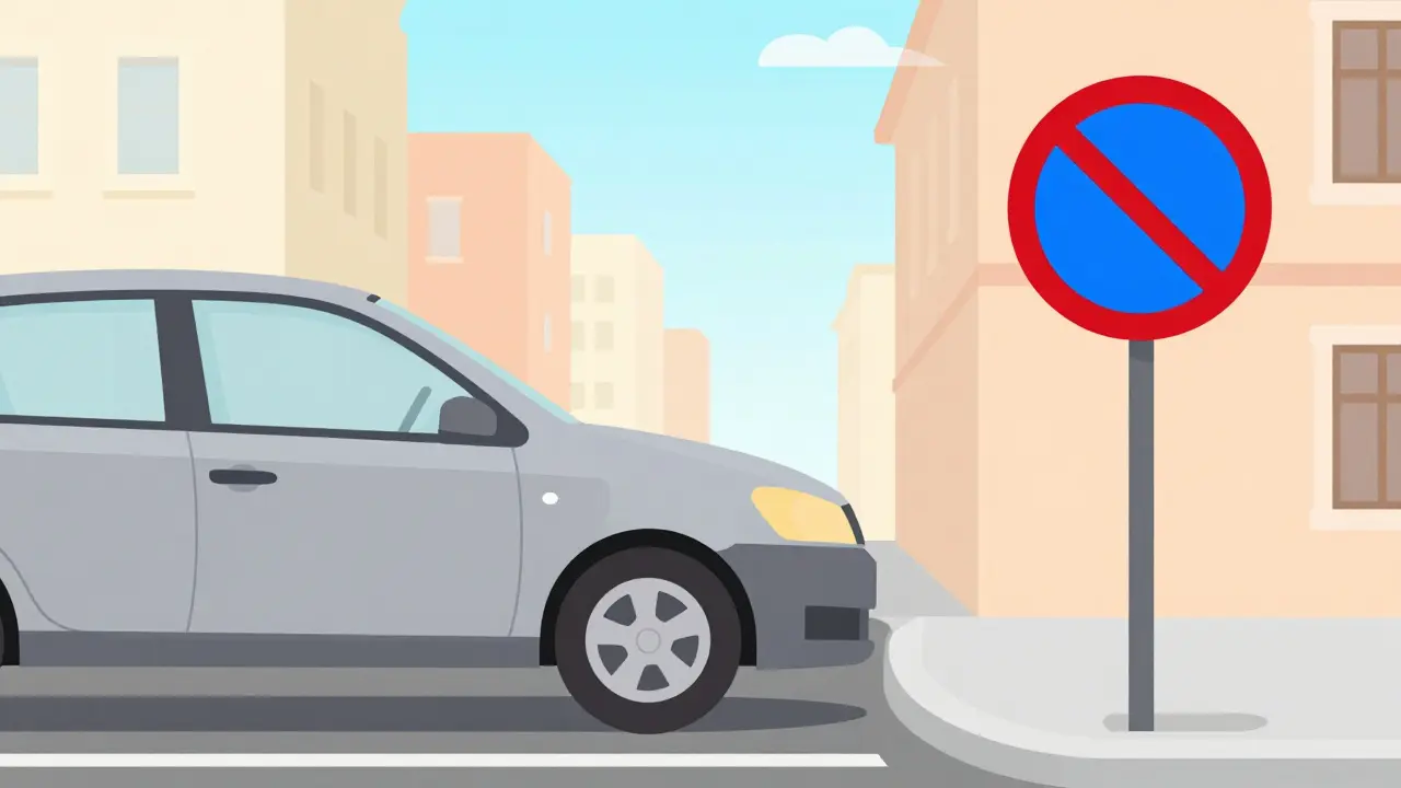 Автомобиль на уклоне с колесами в сторону бордюра и знаком запрета стоянки