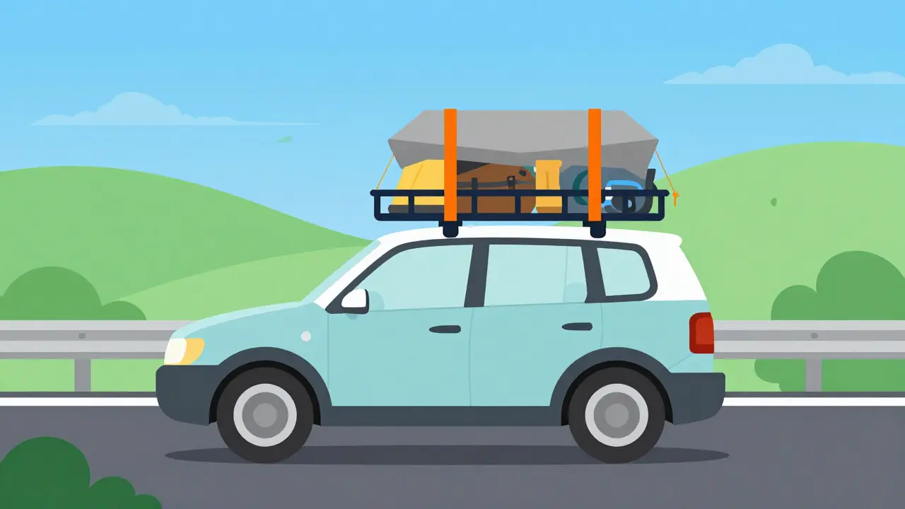 Автомобиль с закрепленным в корзине на крыше тентом и оборудованием на трассе