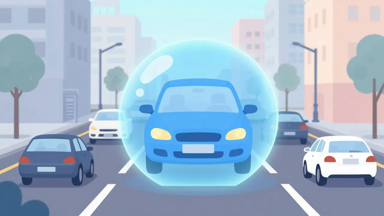 Автомобиль в защитном пузыре безопасности на дороге с соблюдением дистанции