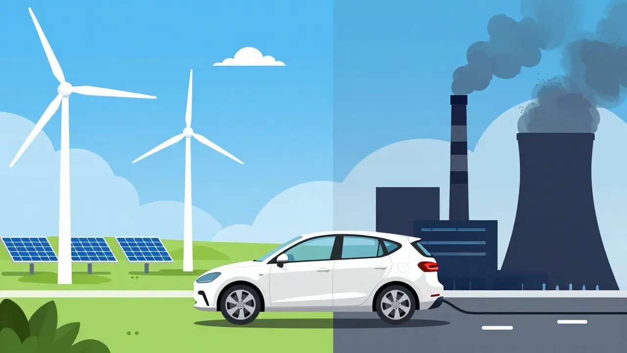 Электромобиль, заряжающийся от ветряков с одной стороны и от угольной станции с другой.