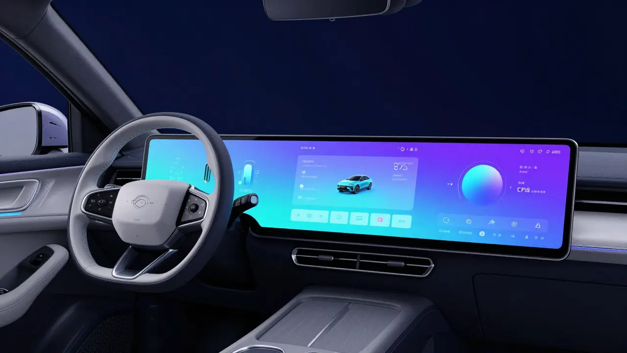 Футуристичный салон автомобиля с интегрированной операционной системой на весь экран