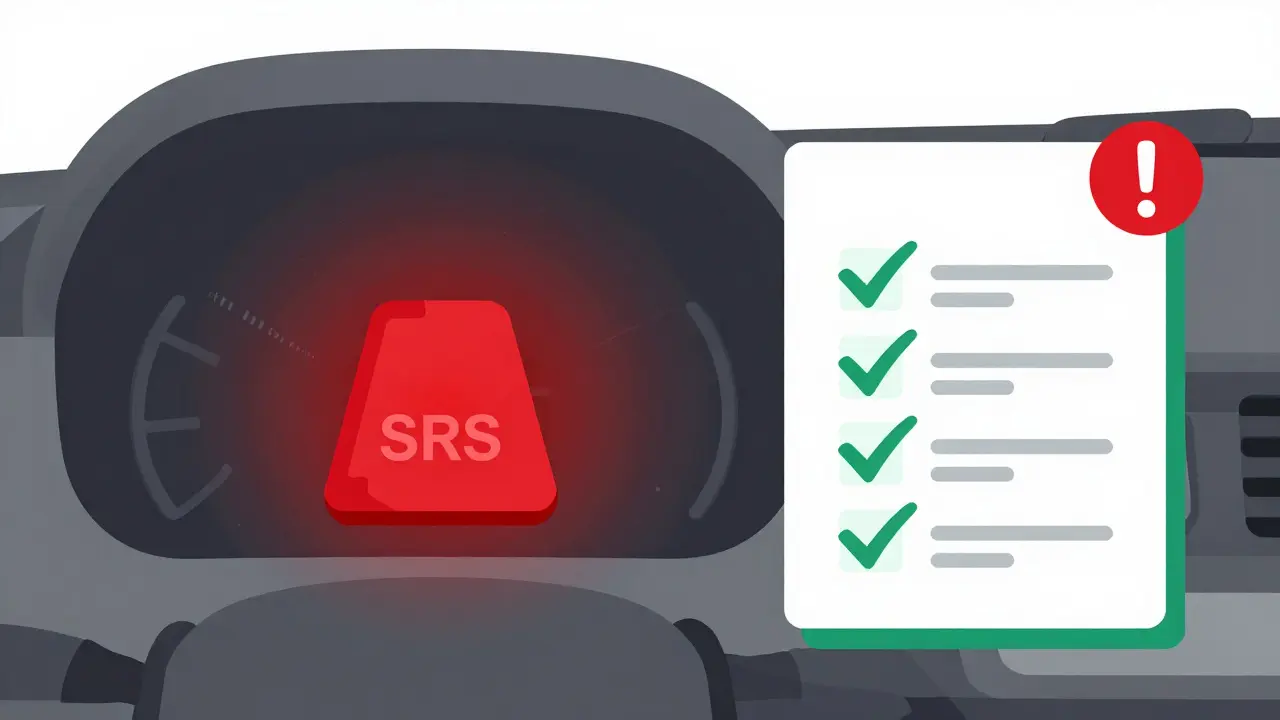 Горящий индикатор SRS на приборной панели автомобиля, символизирующий необходимость диагностики