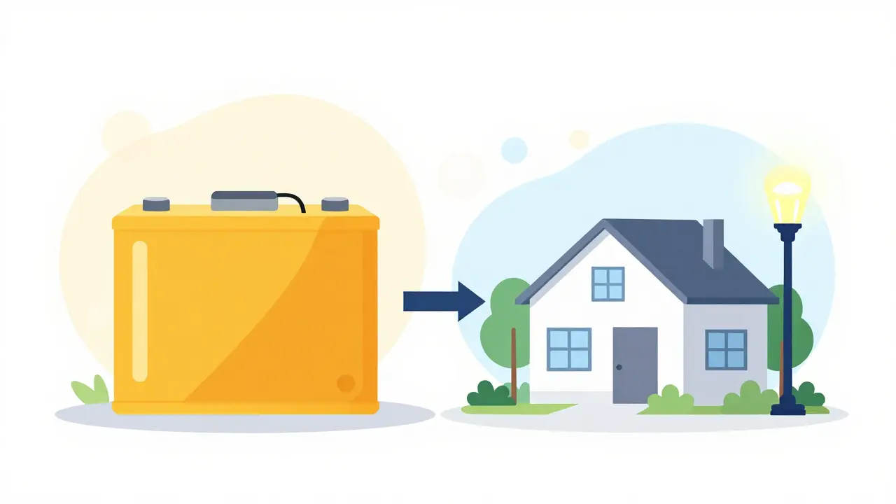 Иллюстрация повторного использования автомобильной батареи для питания дома и уличного фонаря.