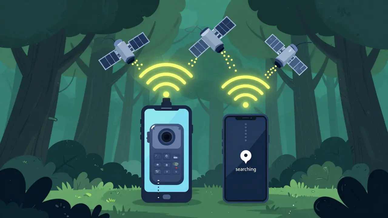 Иллюстрация разницы в приеме спутникового сигнала смартфоном и навигатором в лесу