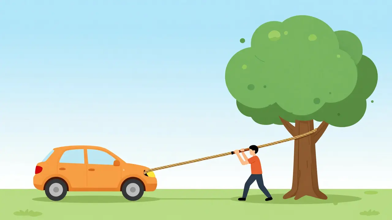 Использование дерева и веревки в качестве рычага для вытягивания автомобиля