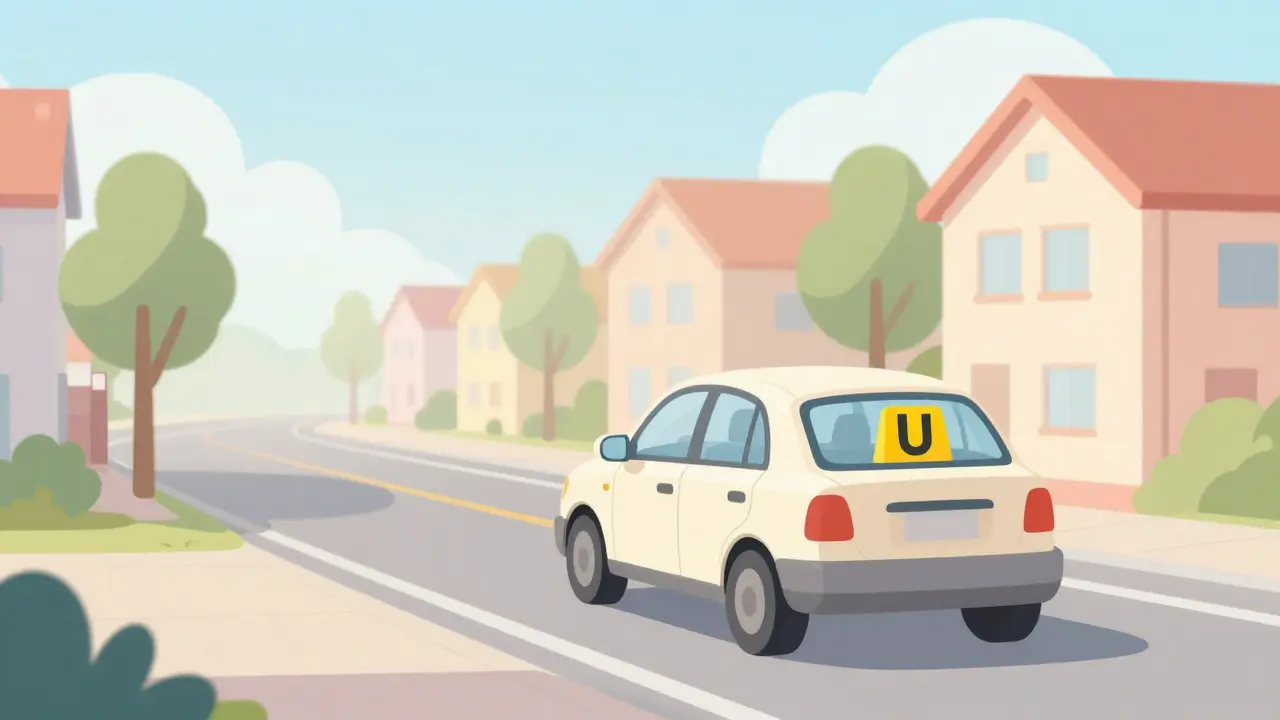 Машина со знаком начинающего водителя едет по спокойной утренней улице