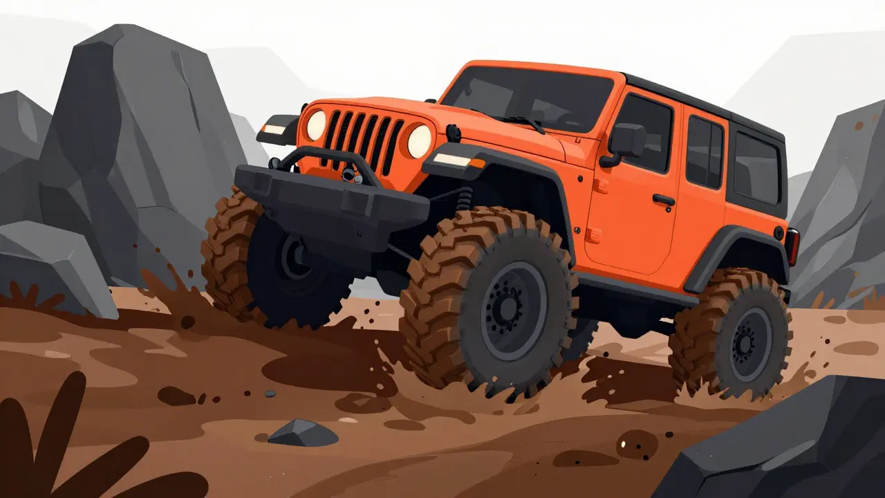 Мощный внедорожник на грязевых шинах MT преодолевает болото и камни