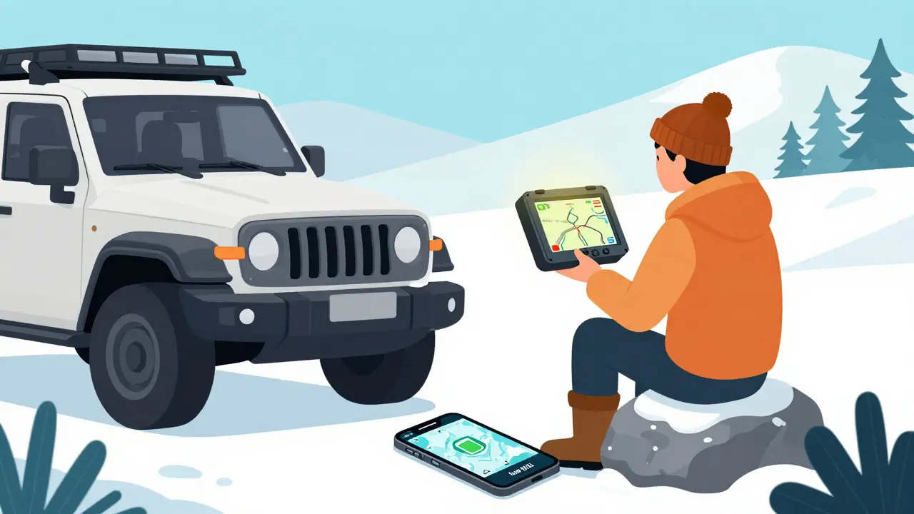 Надежный GPS-навигатор и разряженный смартфон в зимнем экстремальном пейзаже