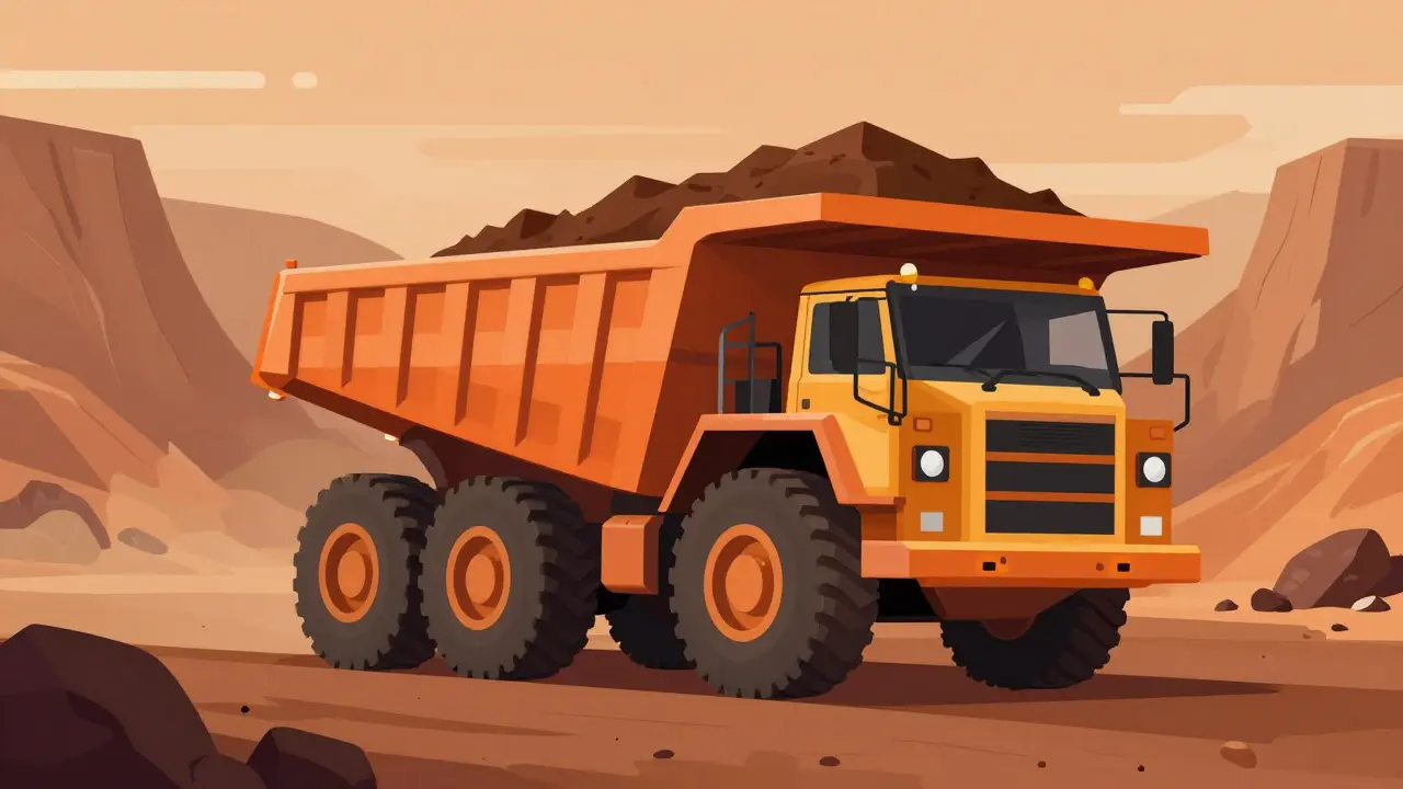 Огромный сочлененный карьерный самосвал в карьере в стиле плоской иллюстрации