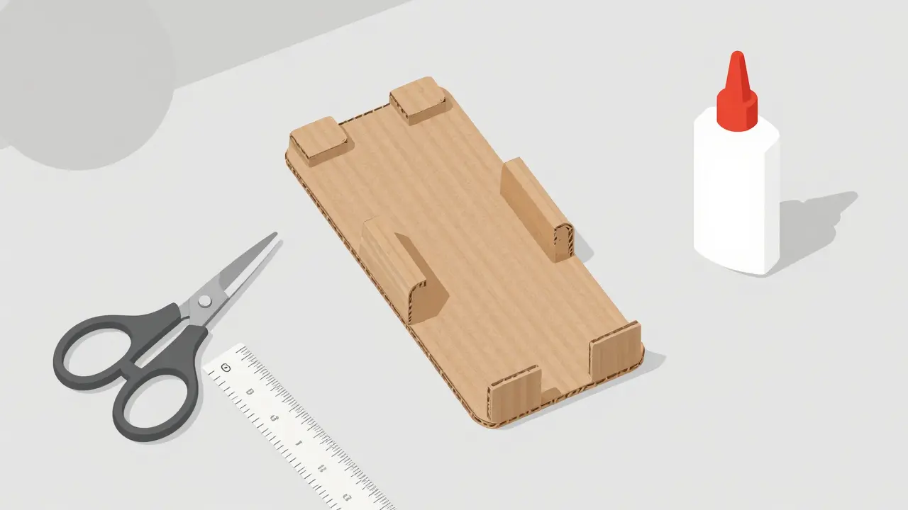 Подставка для телефона из гофрокартона с инструментами для творчества на столе