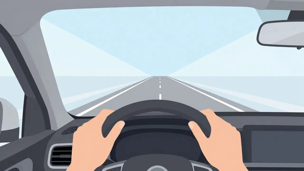 Правильный хват руля и взгляд вперед на дорогу из кабины водителя