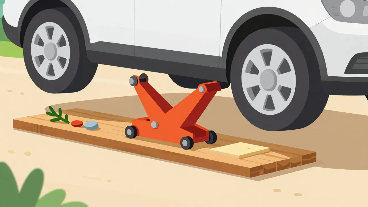 Процесс подъема автомобиля домкратом на доске для установки подкладок под колеса