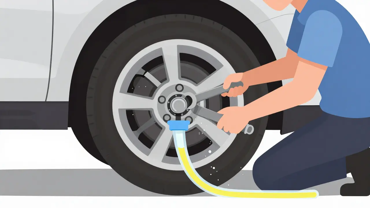 Процесс прокачки тормозной системы с удалением пузырьков воздуха из суппорта