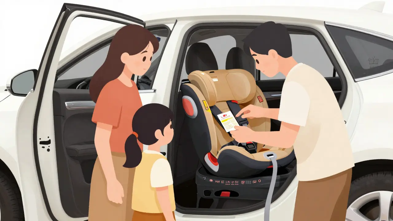 Родитель проверяет сертификат безопасности детского автокресла в машине