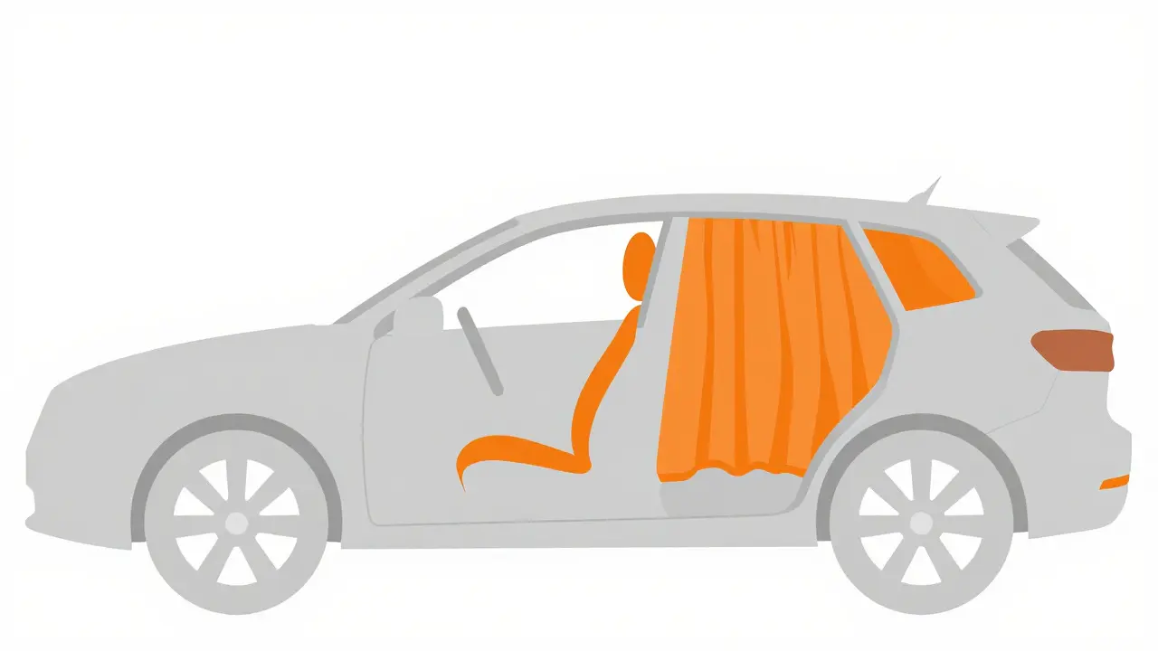 Схема автомобиля с отмеченными фронтальными, боковыми и шторными подушками безопасности