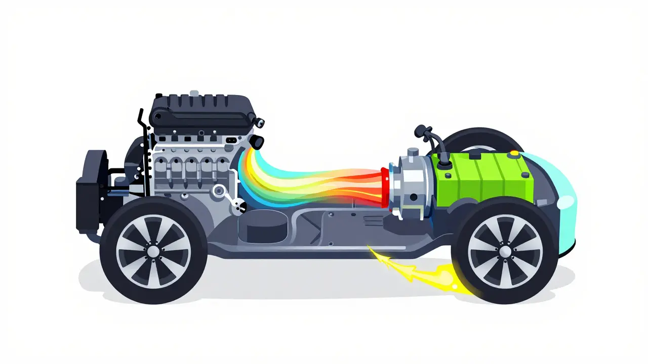 Схема работы гибридного двигателя и рекуперации энергии в векторном стиле