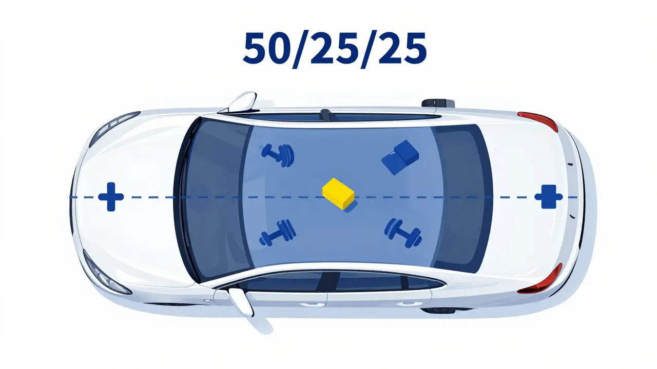 Схема распределения веса груза на крыше автомобиля по правилу 50/25/25
