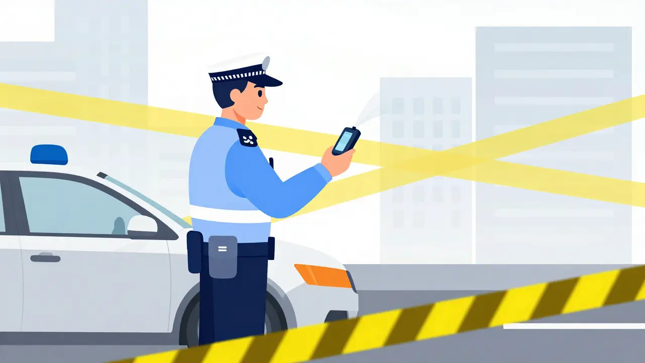 Сотрудник ГИБДД проводит проверку водителя с помощью алкотестера в плоском стиле