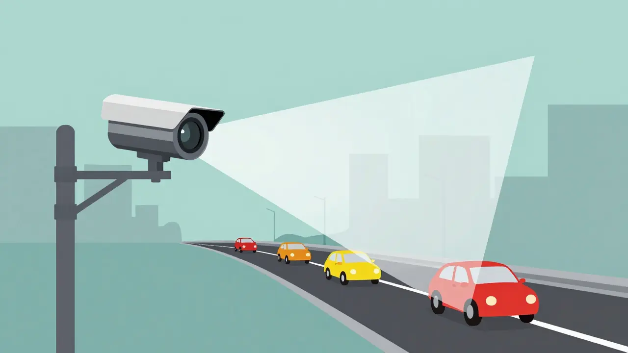 Современная дорожная камера, фиксирующая превышение скорости на шоссе