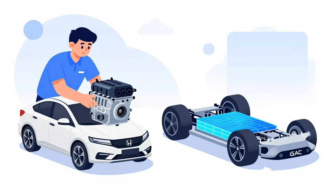 Сравнение японского инженерного искусства и китайских электромобилей в стиле иллюстрации