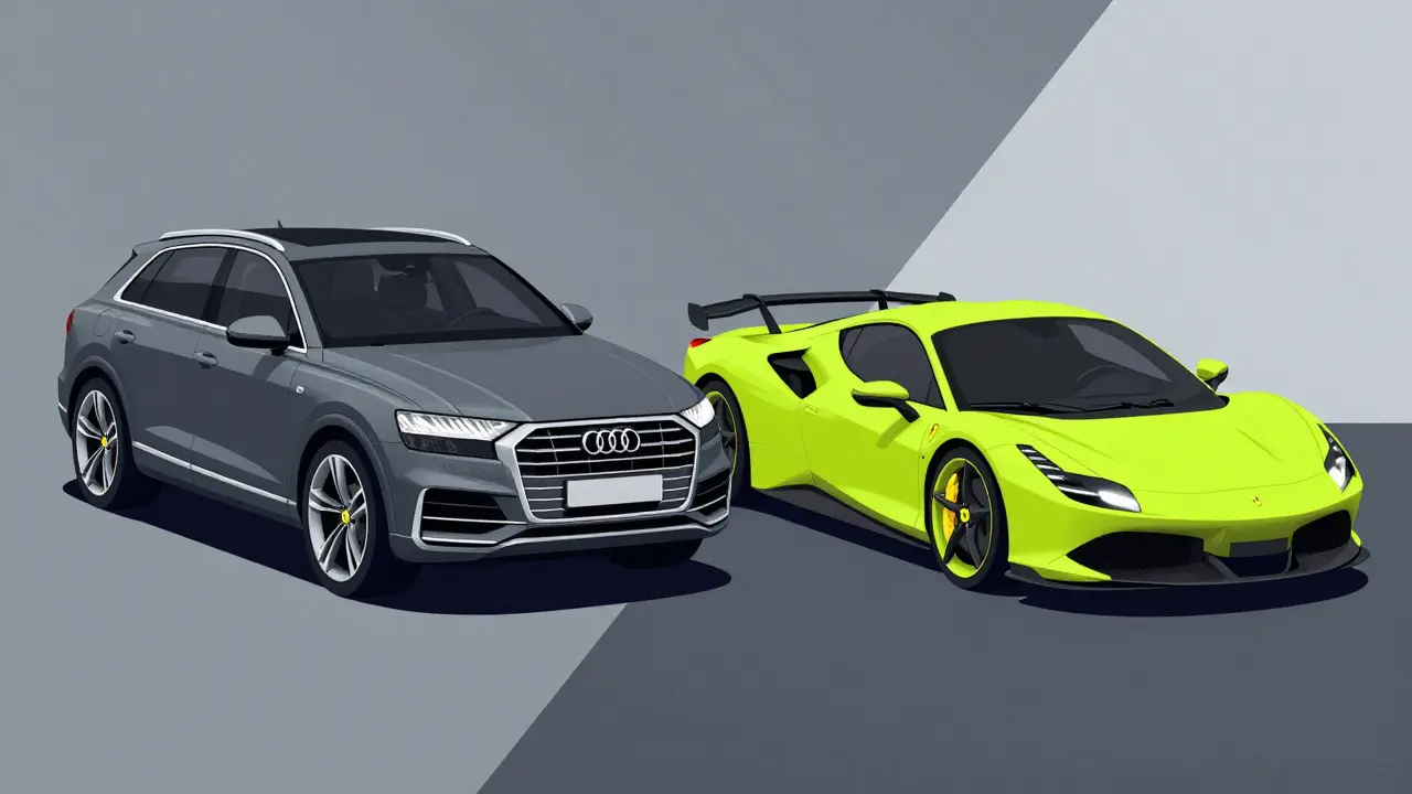 Сравнение люксового Audi Q9 и электрического Ferrari в стиле флэт-дизайна