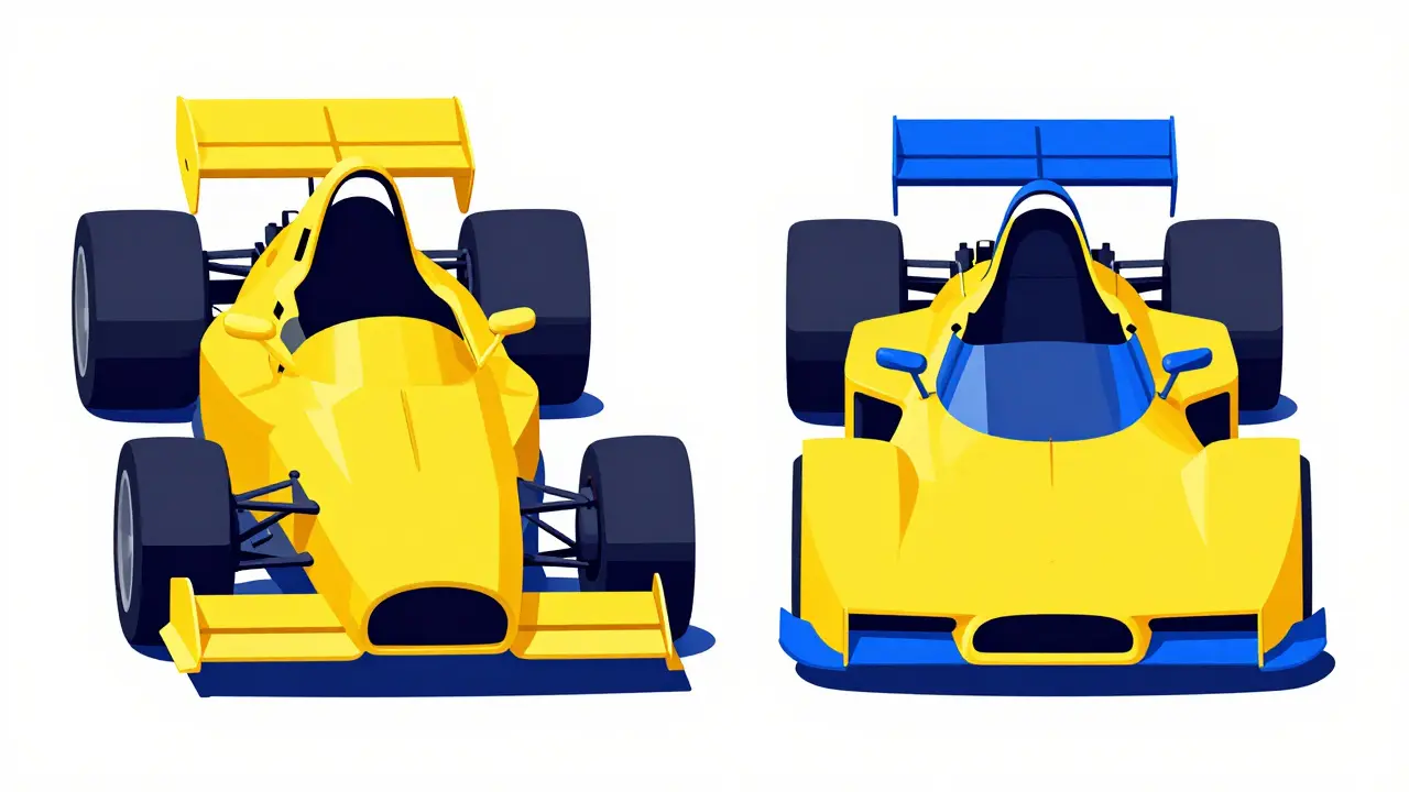 Сравнение переднемоторного и заднемоторного болидов Формулы-1 в минималистичном стиле