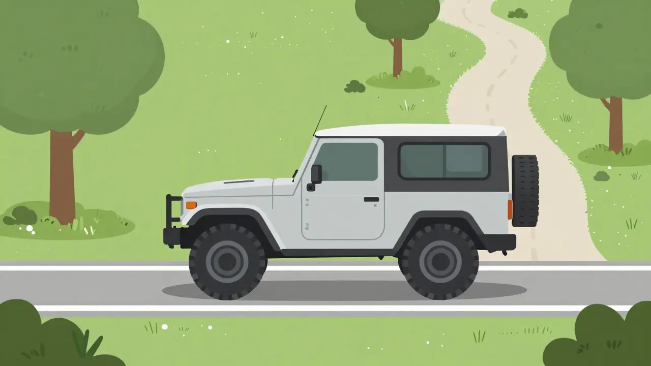 Внедорожник на универсальных шинах AT переезжает с асфальта на грунтовку