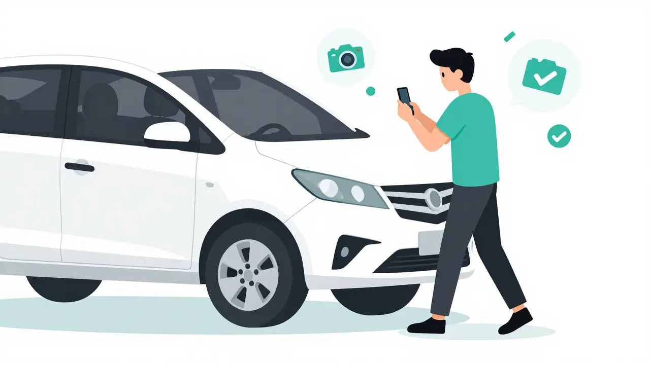 Водитель фотографирует автомобиль перед поездкой для проверки повреждений