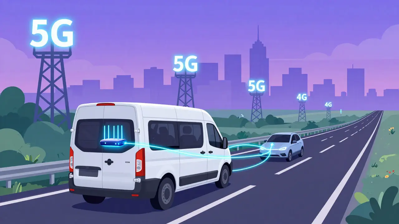 Футуристическая иллюстрация перехода к сети 5G в транспортных средствах