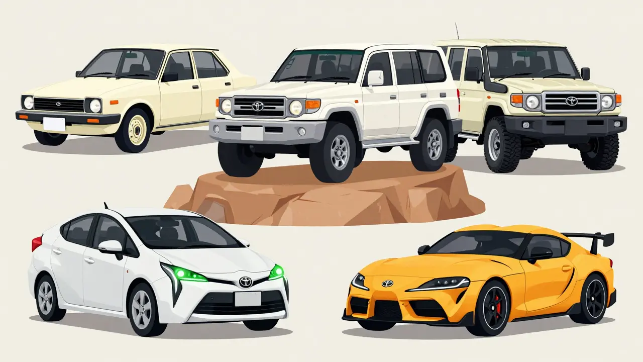 Коллаж культовых моделей Toyota: Corolla, Land Cruiser, Prius и Supra