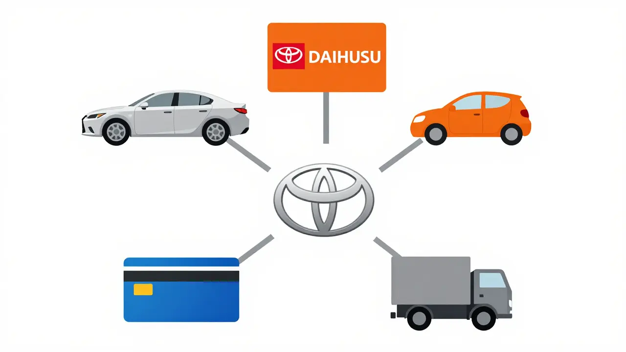 Схема структуры Toyota с брендами Lexus, Daihatsu и Hino в плоском стиле