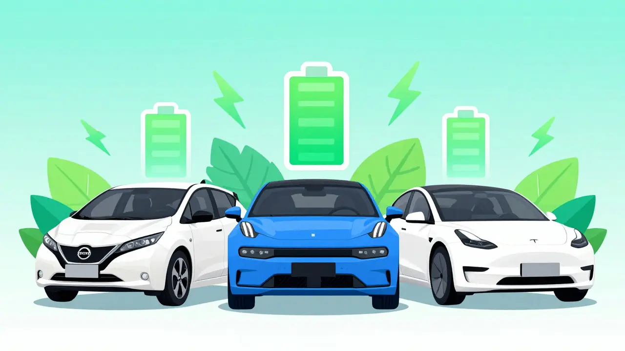 Плоский дизайн электромобилей Nissan Leaf, Zeekr и Tesla с зелеными акцентами
