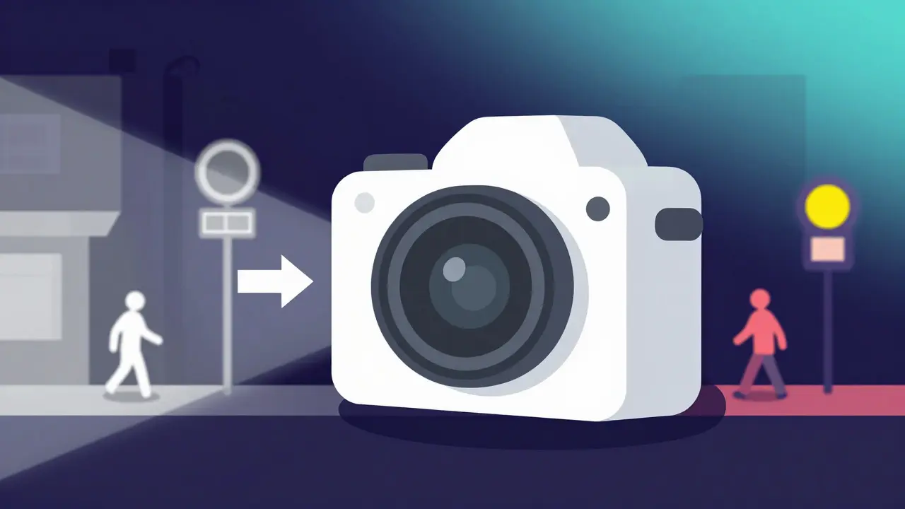 Cartoon graphic comparing black-and-white infrared vision versus color Starlight low-light camera performance