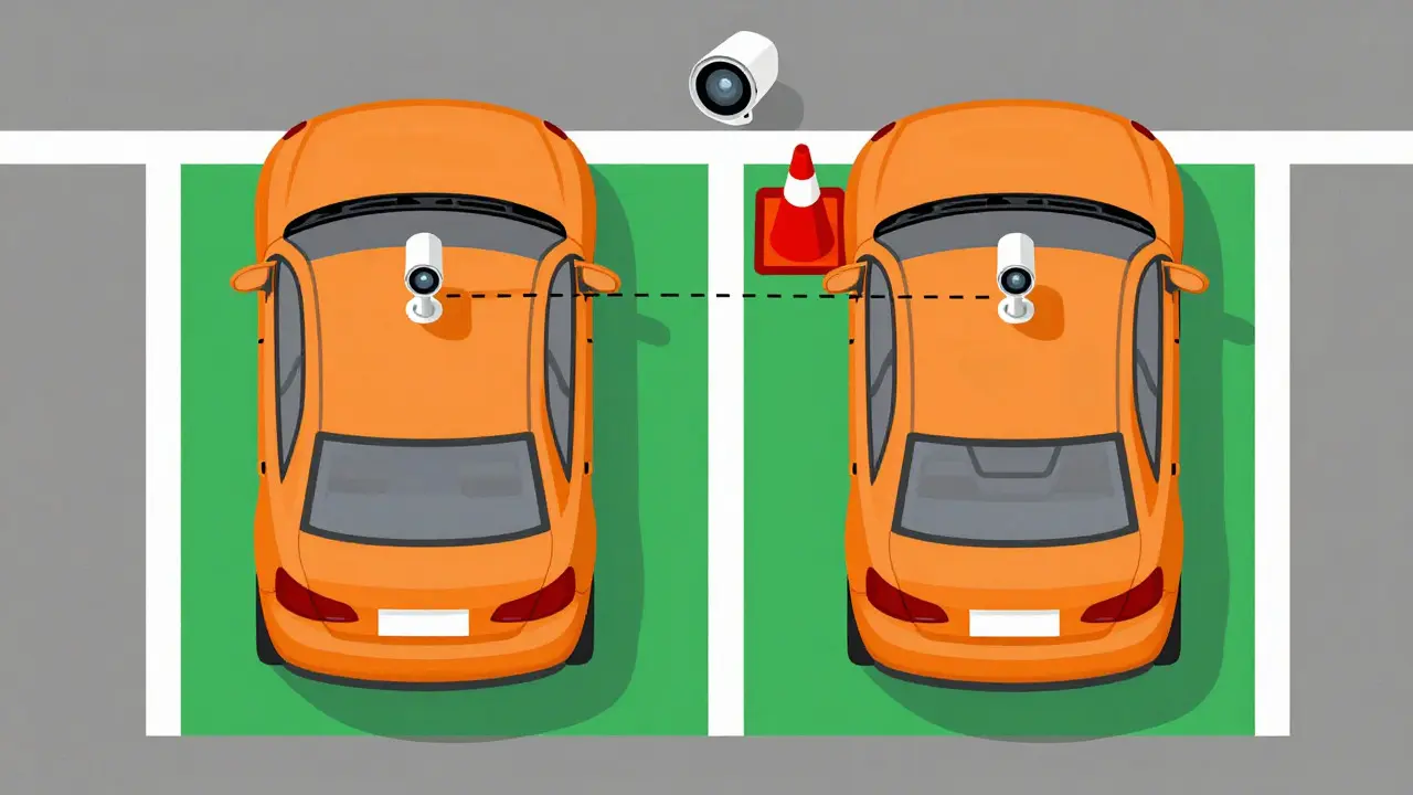 Top-down flat illustration demonstrating correct versus incorrect backup camera mounting heights on vehicles