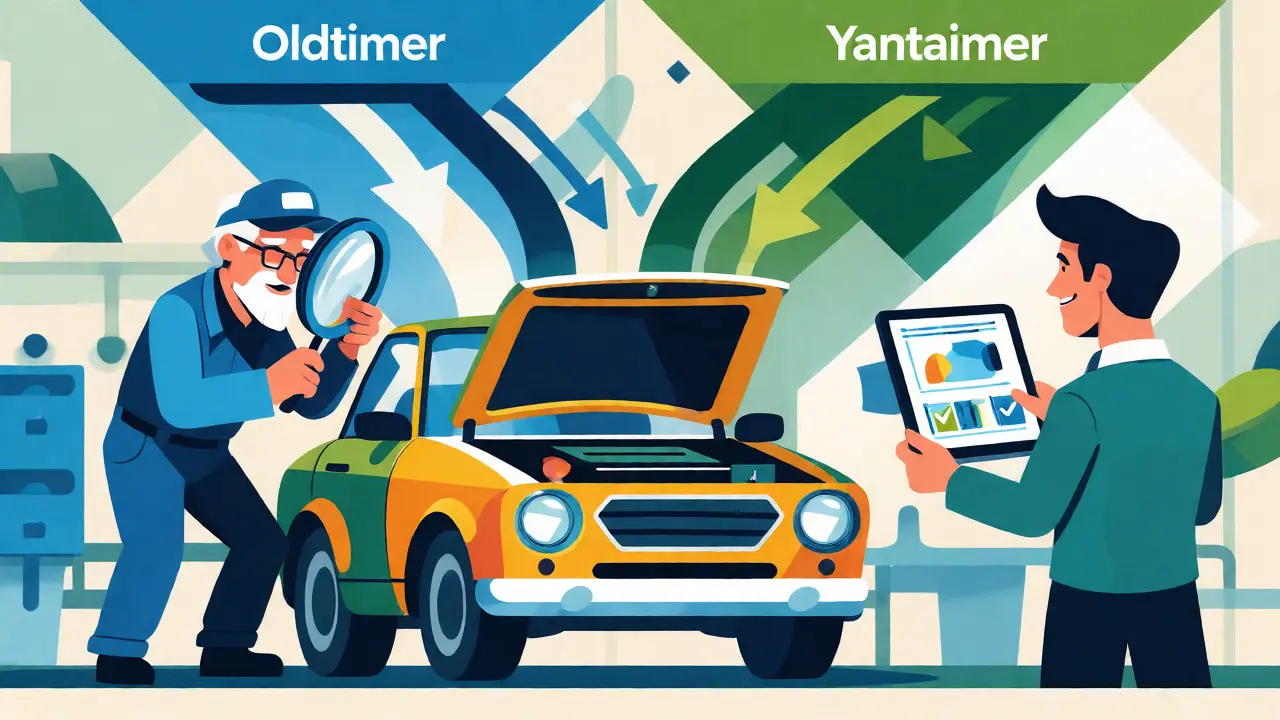 Плоская иллюстрация двух подходов к оценке автомобиля: интуитивного и аналитического.
