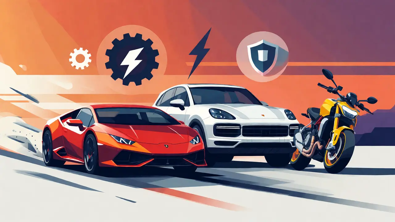 Спортивные автомобили Lamborghini и Porsche рядом с мотоциклом Ducati