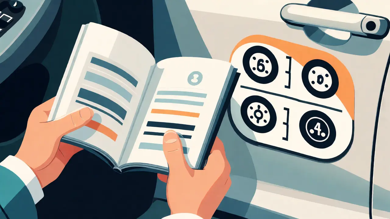 Hands checking car manual for tire specs in flat design